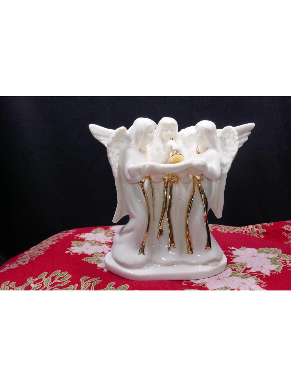 1980'S Mikasa Fine Porcelain Angel Trio Candle Holder w/ Gold Trim -- FLAWLESS
